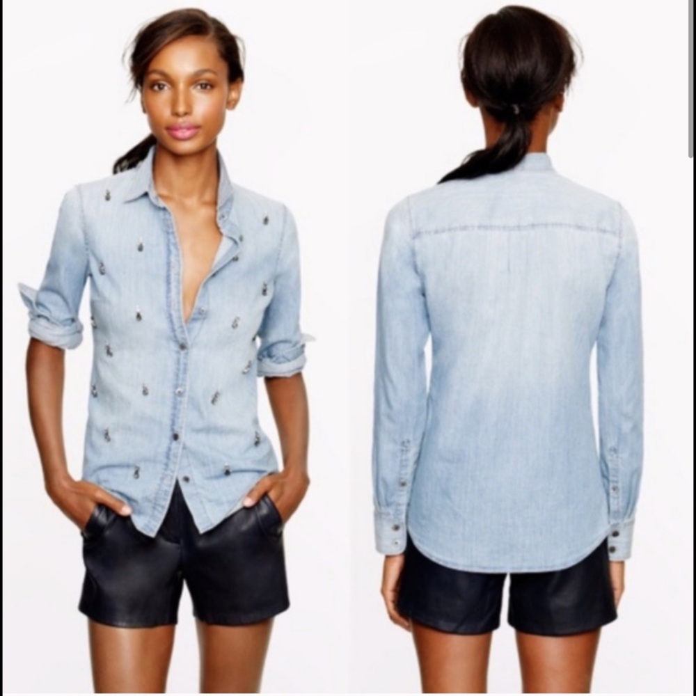 J Crew Collection Boy Shirt Beaded Chambray Top